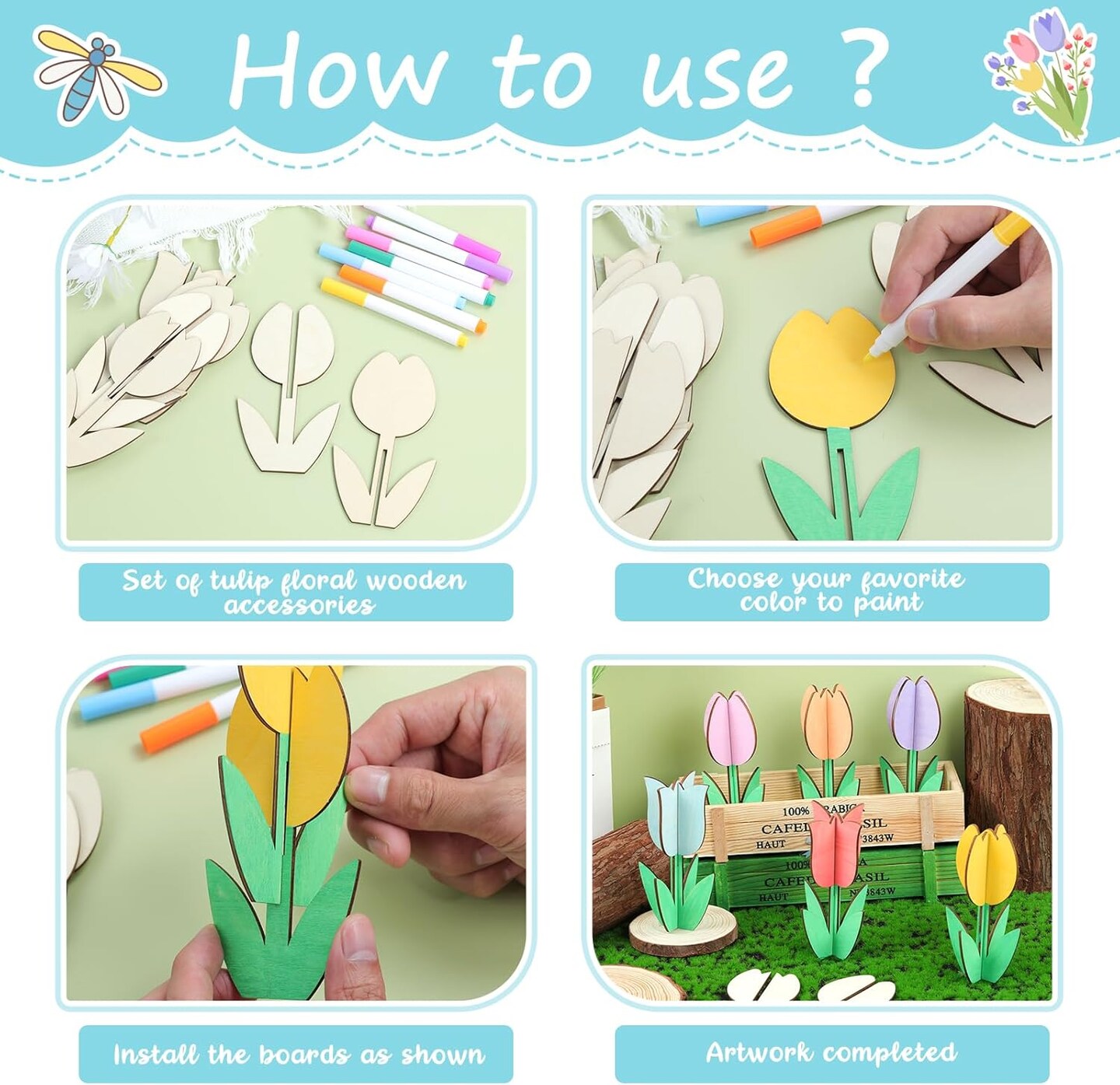 24 Pack Wood Tulips to Paint, DIY Wooden Tulips Flowers Craft Kits with Decorate Tools Spring Summer Centerpieces Craft Ornaments for Home DIY Craft Party Favors Tiered Tray Decorations