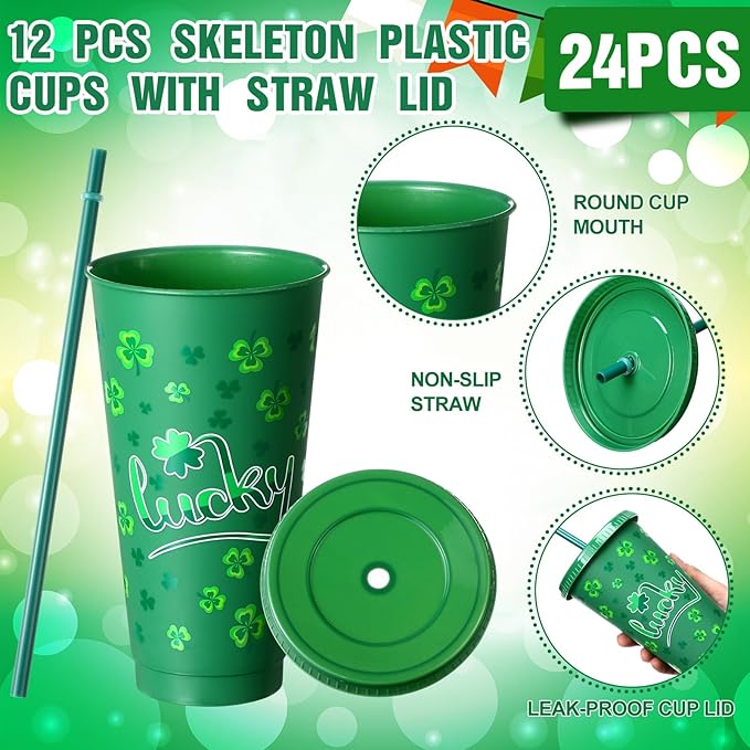 12 Pcs St. Patrick&#x27;s Day Plastic Cups 24 oz Reusable Irish Shamrock Sign Theme Tumbler with Lids and Straws Reusable Drinking Juice Cups for Patrick Day Irish Party Supplies Favors