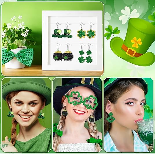 8 Pairs St. Patrick&#x27;s Day Earrings for Women Acrylic Stud Irish Shamrock Dangle Earrings Green Hat Gold Pot Four Leaf Clover Earrings for Festival St Patty&#x27;s Jewelry