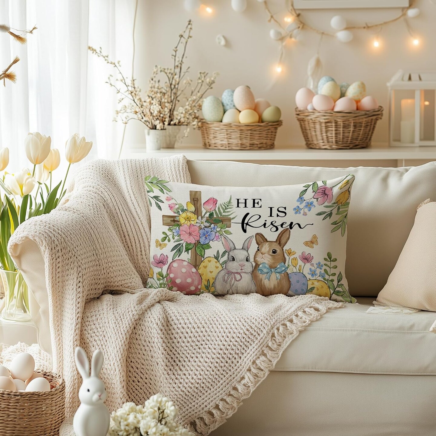 Easter Pillow Cover 12x20 Inch Cross Bunny Eggs Floral Decorative Pillow Case