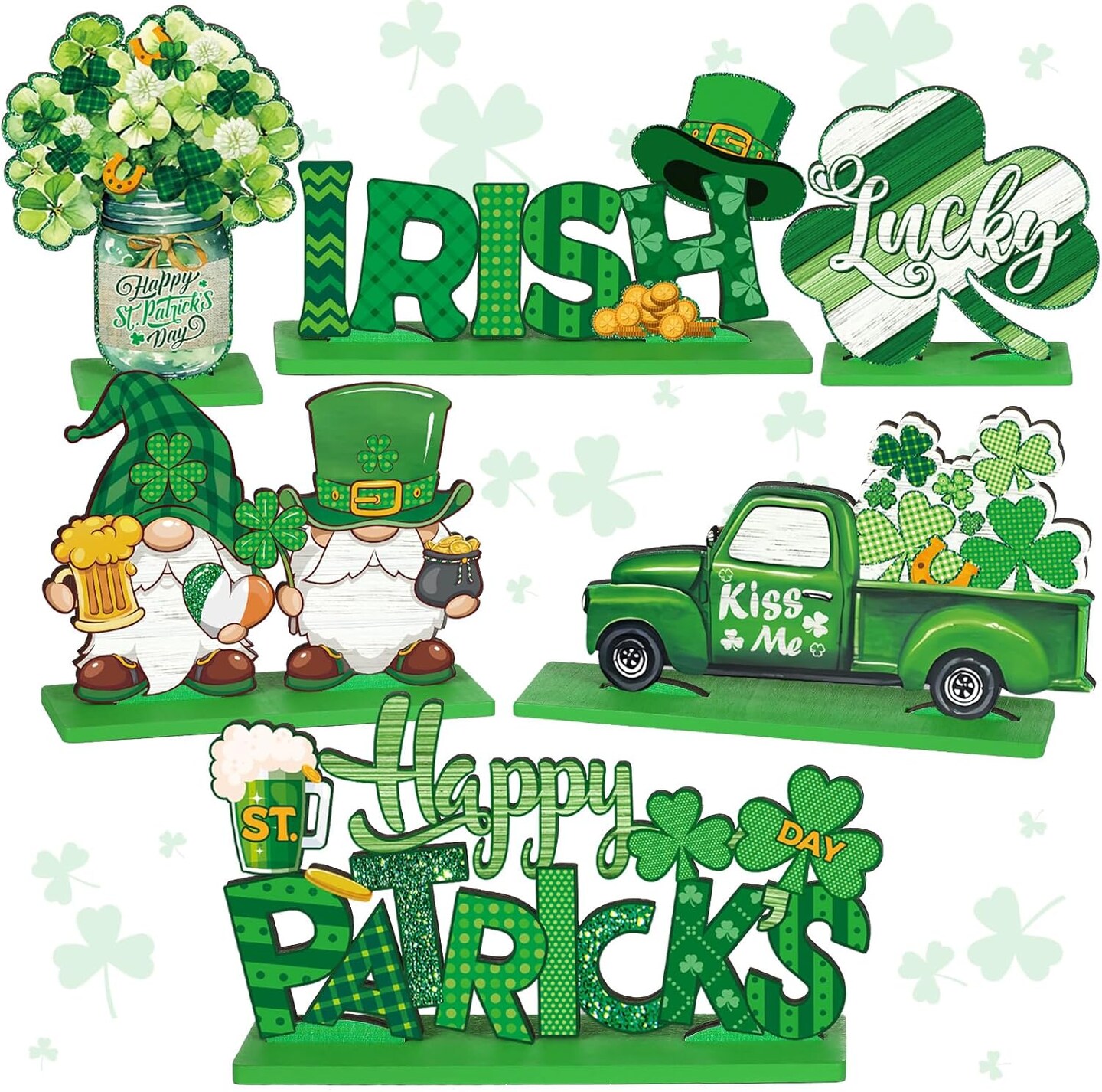 6 Pcs St Patrick's Day Table Decorations Shamrock Wooden Table Sign Happy Patricks Lucky Gnome Wood Centerpiece for Table Irish Wooden Plaque St Patricks Tiered Tray Decor for Home Holiday