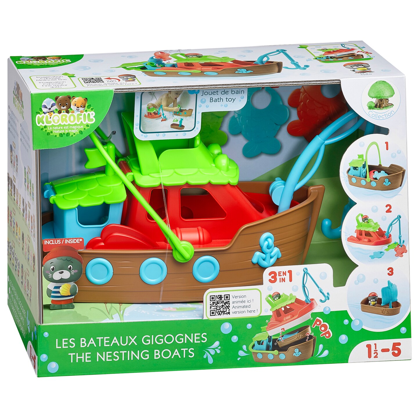 Timber Tots: The Nesting Boats - 3-In-1 Transforming Playset, Seal Animal Figurine, Play Fish, Pop-Up Feature, Stacking Water Toy, Kids-Toddlers 18Mo+