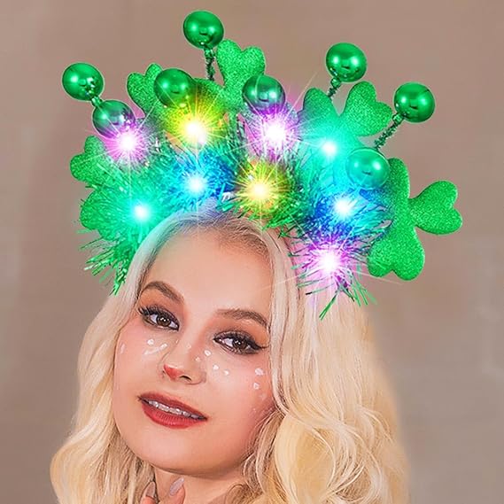 St Patrick&#x27;s Day Headband Light Up Green Shamrock Hair Band Ball Irish Headwear Costume Accessories for Women and Girls