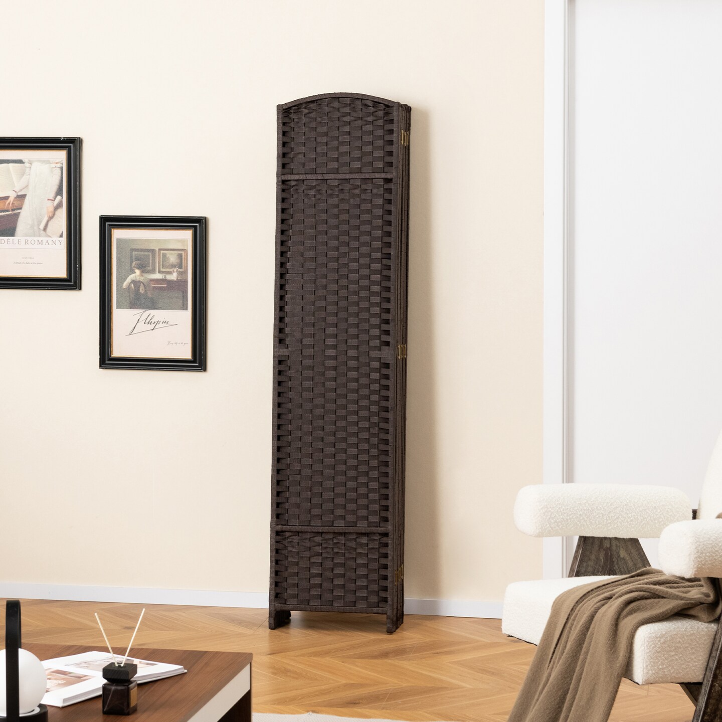 8-Panel Folding Room Divider with Hand-woven Texture and Wood Frame