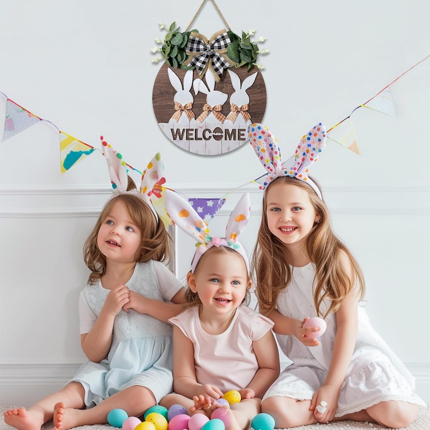 Easter Wall Sign Decor – Front Door Bunny & Spring Welcome Hanging Sign for Farmhouse