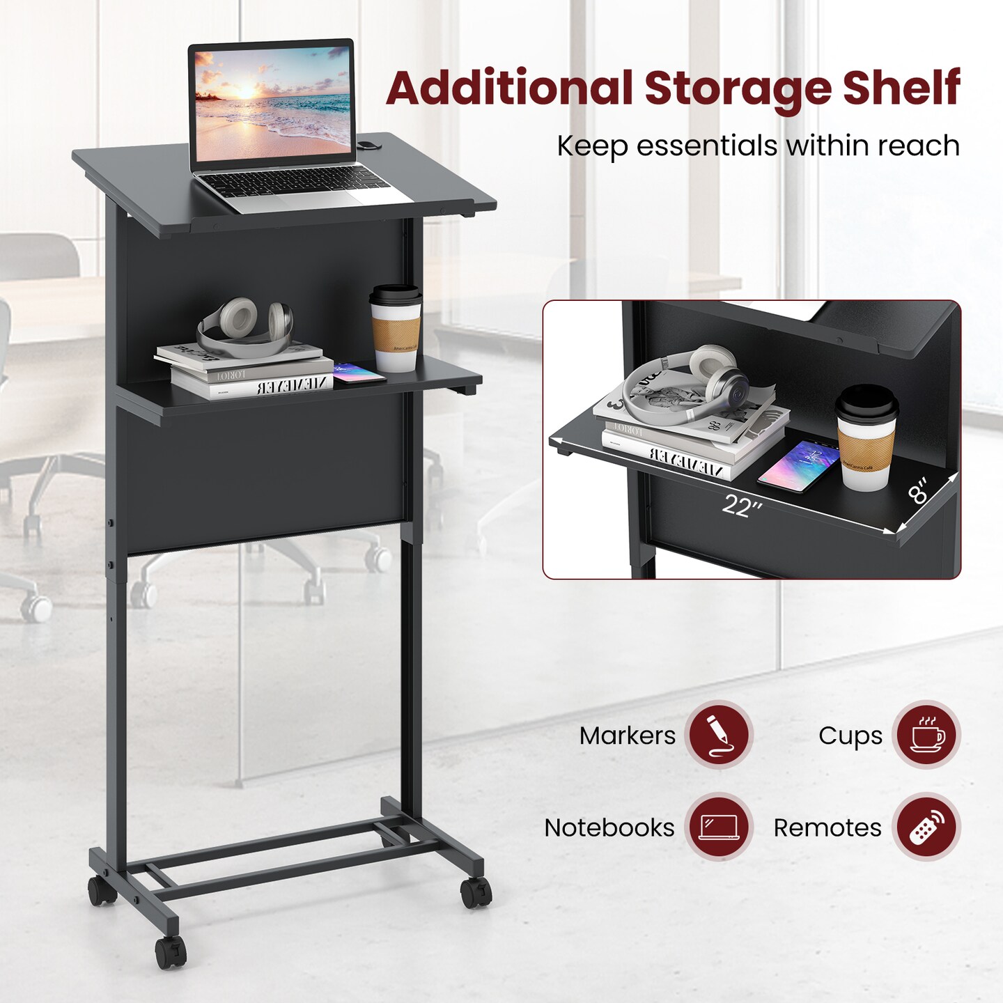 3-Position Black Height Adjustable Lectern Table with Tilted Tabletop and Built-In Cable Hole