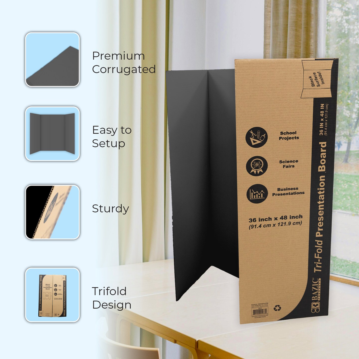 BAZIC Tri-Fold Corrugated Presentation Board - Black 36" X 48"