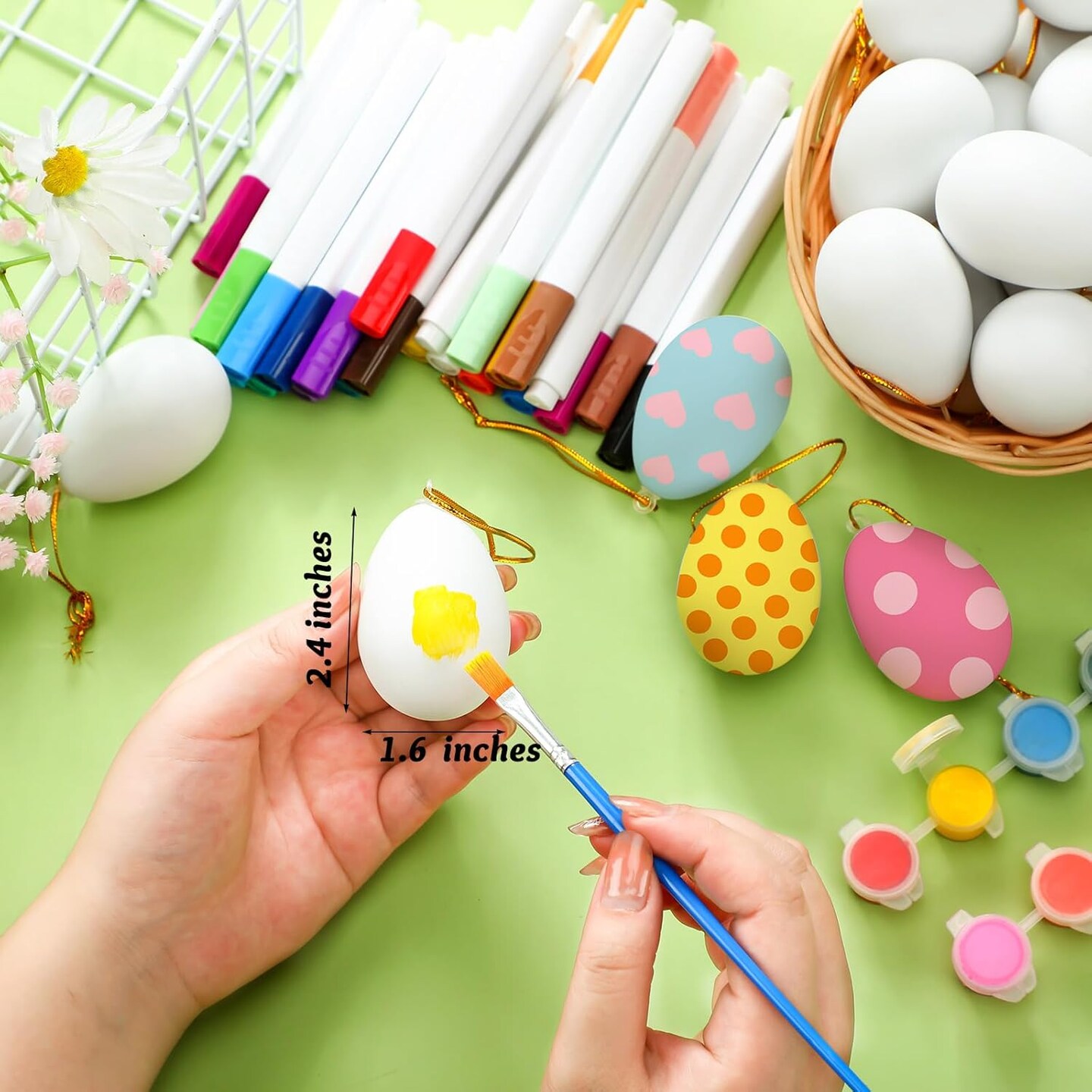 100 Pcs White Blank Easter Eggs Ornaments Bulk Decoration with 24 Marker Pens 24 Paints 4 Brushes Paintable Hanging Plastic Easter Eggs