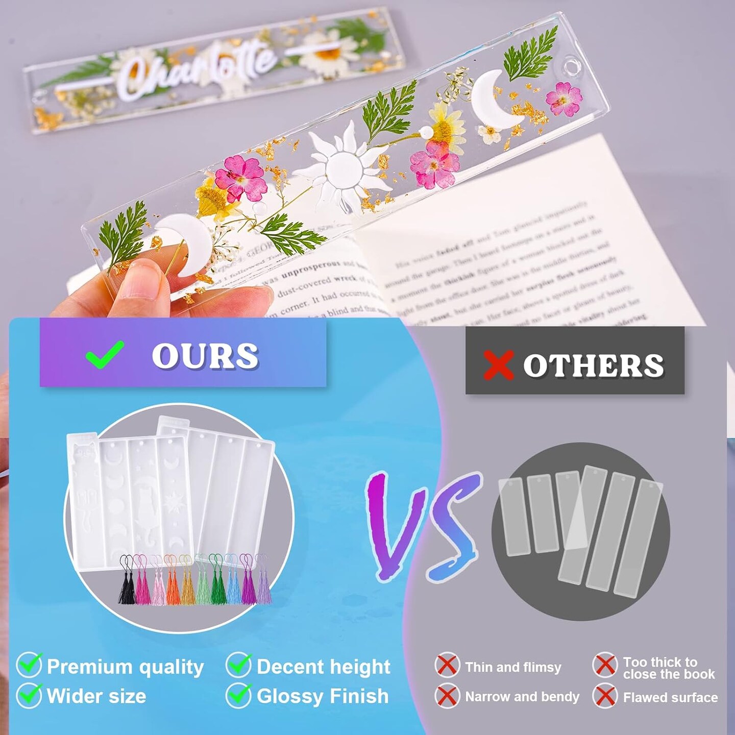 LET&#x27;S RESIN Bookmark Resin Molds Silicone 1.5&#x27;&#x27; Wide, Blank and Cat Moon Pattern Silicone Bookmark Molds Kit with 20pcs Tassels, Rectangle Bookmark Molds for Epoxy Resin Casting Crafts