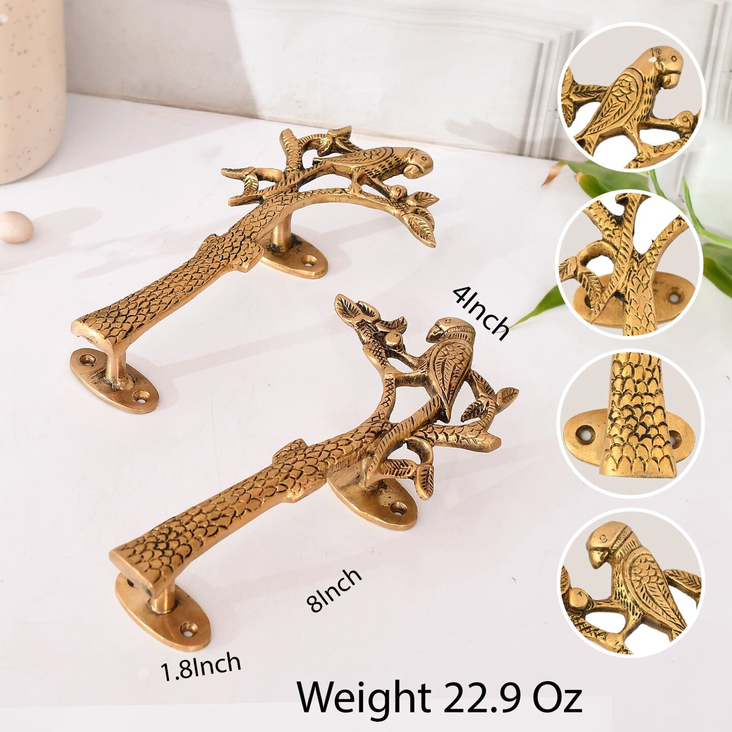 Parrot on the Tree Door Pull Handles Unique Brass 8 Inches Pair of 2 Pull Knobs Antique Design Handles for Drawer, Shelf, Cabinet, Wardrobe, Almirah Housewarming Gift