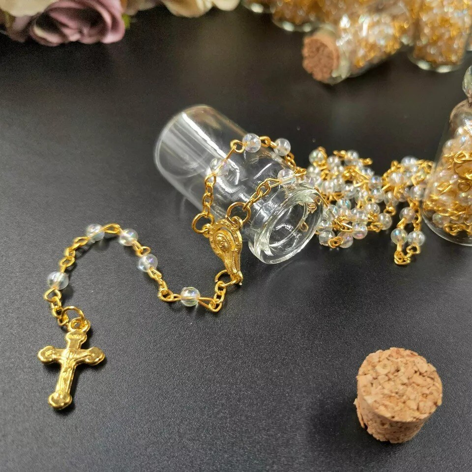 12 Gold Clear Rosary Crucifix Wishing Bottle Baby Shower Baptism Party Favor