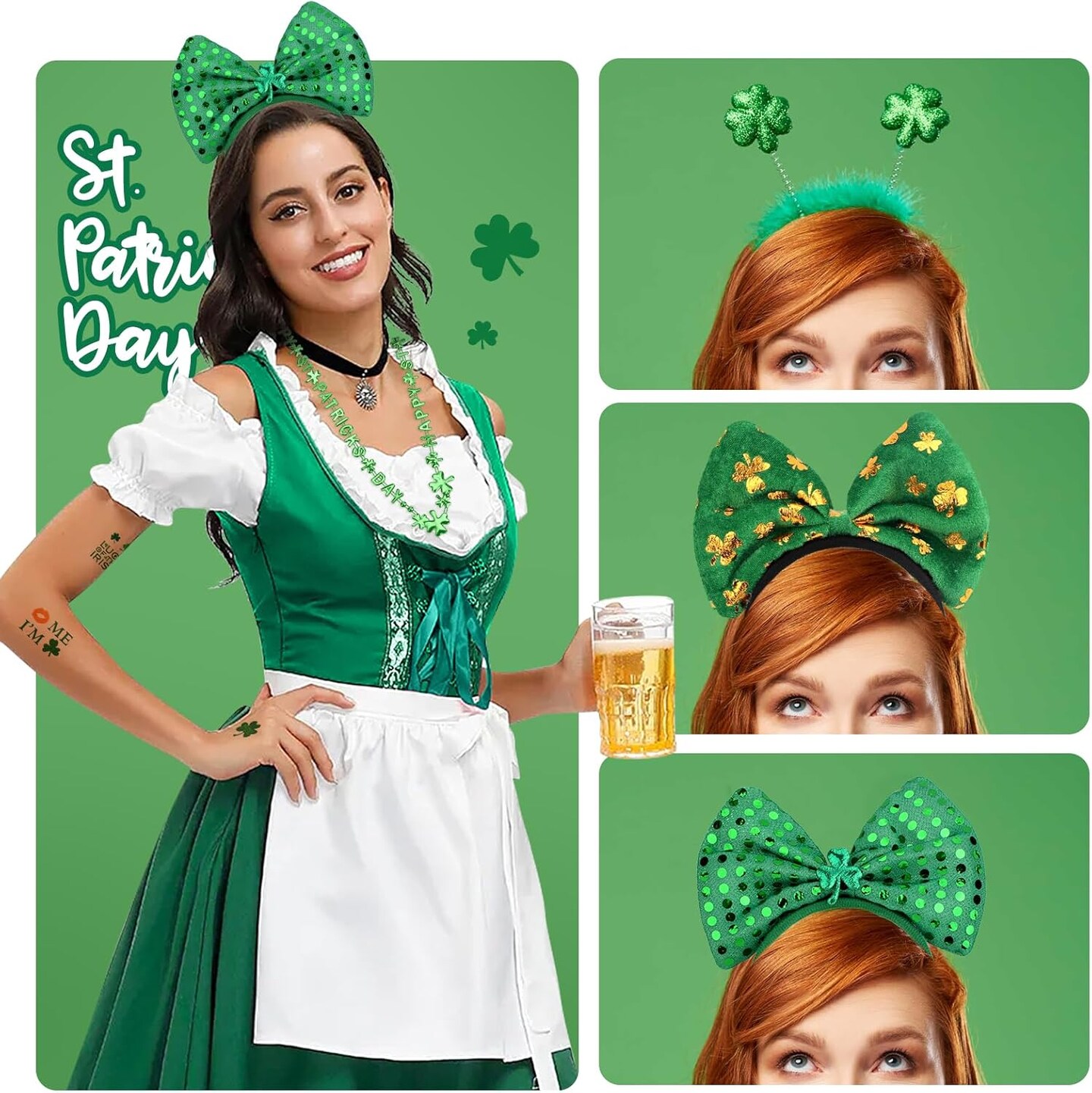 29Pack St Patricks Party Favors of 16pcs Shamrock Beads Necklace Bulk, 6pcs Clover Eyewear Sunglasses, 6pcs Green Hats Headband, 1pc St. Patrick&#x27;s Day Stickers Party Dressing-up Costume Accessories