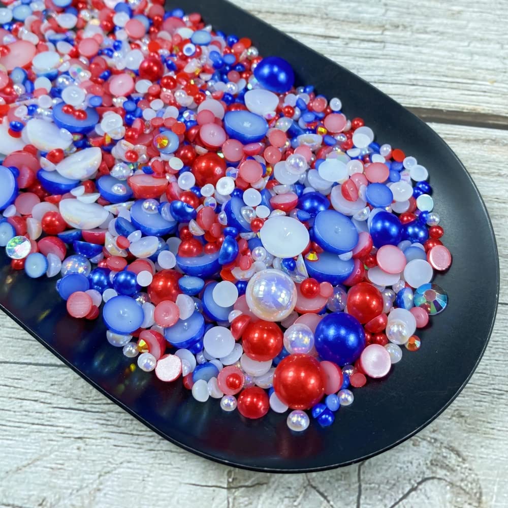 Mix Resin Rhinestones Half Round Pearls,30g Flatback Rhinestones Half Pearl Beads for Crafts Multi Size 3mm-10mm Half Pearl Rhinestone for Bottles,Nail Art,Shoes (Red Blue Series)