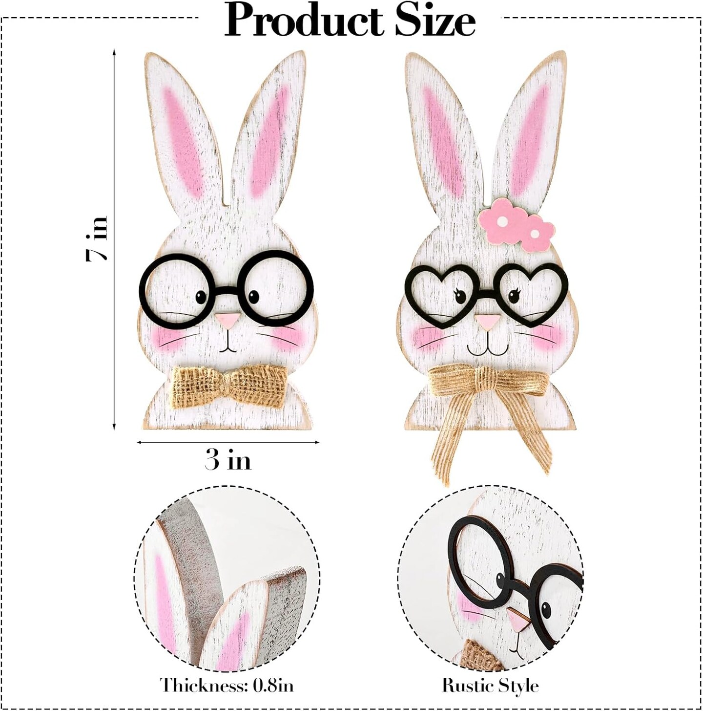 Rustic Wooden Bunny Couple Easter Decorations – Farmhouse Happy Easter Table Centerpiece, White Rabbit with Glasses, Home & Office Decor, Cute Easter Gift