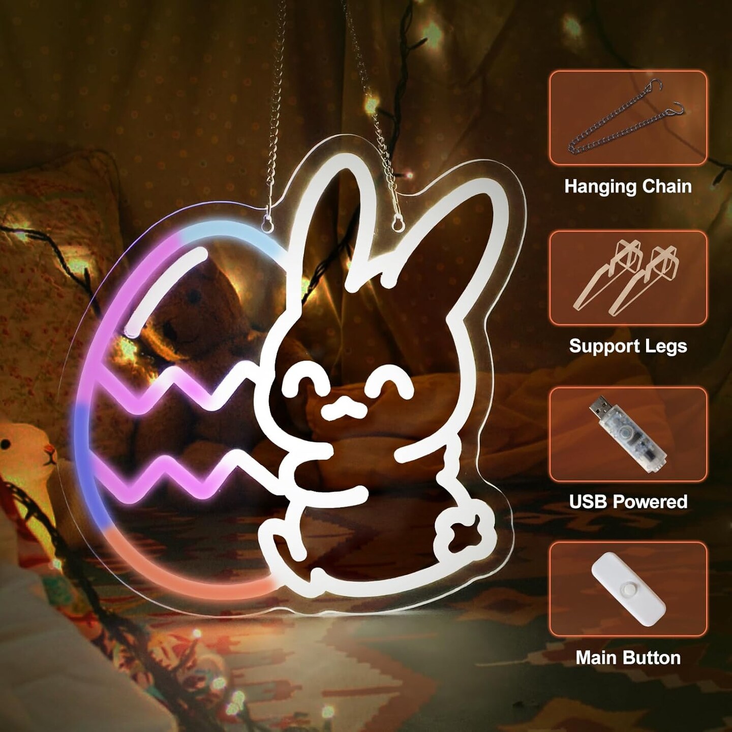 Easter Neon Lights, Bunny Embracing Egg, Multicolor Lights with Dynamic Effect Neon Sign, Remote Control Easter Lights USB Powered, Easter Decorations Indoor for Bedroom Wall Window Table Home Decor