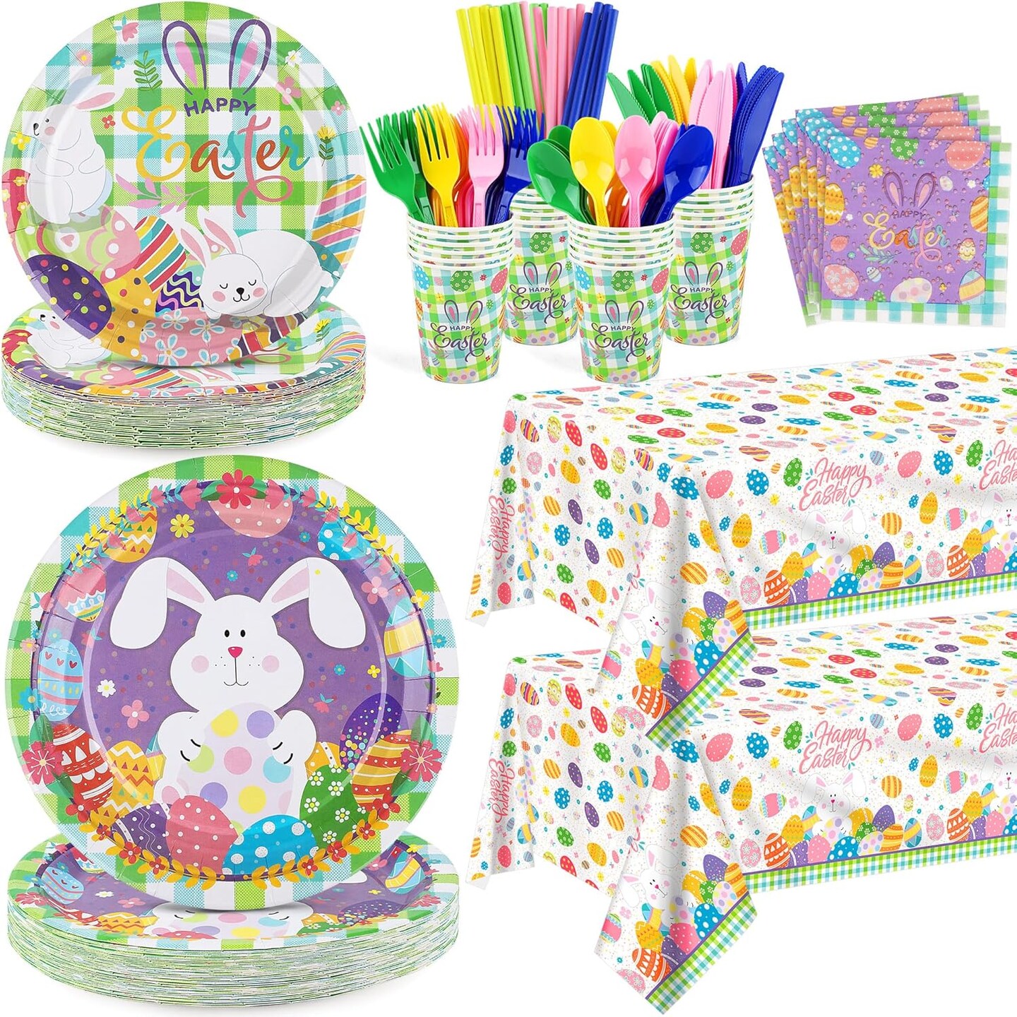 194 Pieces Disposable Easter Colorful Tableware Set Bunny Party Supplies Include Easter Plates Cups Napkins Cutlery Colorful Eggs Tablecloth for Easter Party Supplies Table Decoration Serves 24