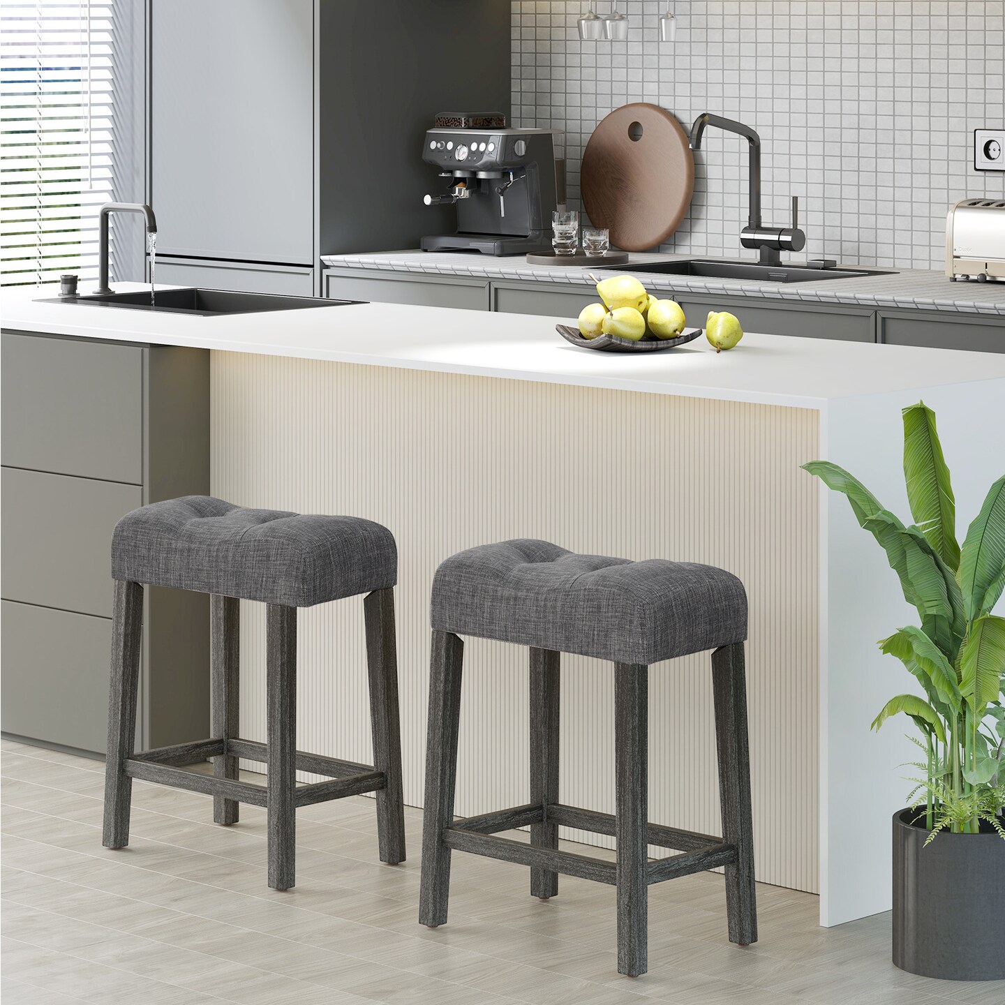 24 Inch Set of 2 Saddle Bar Stools with Padded Seat-Grey