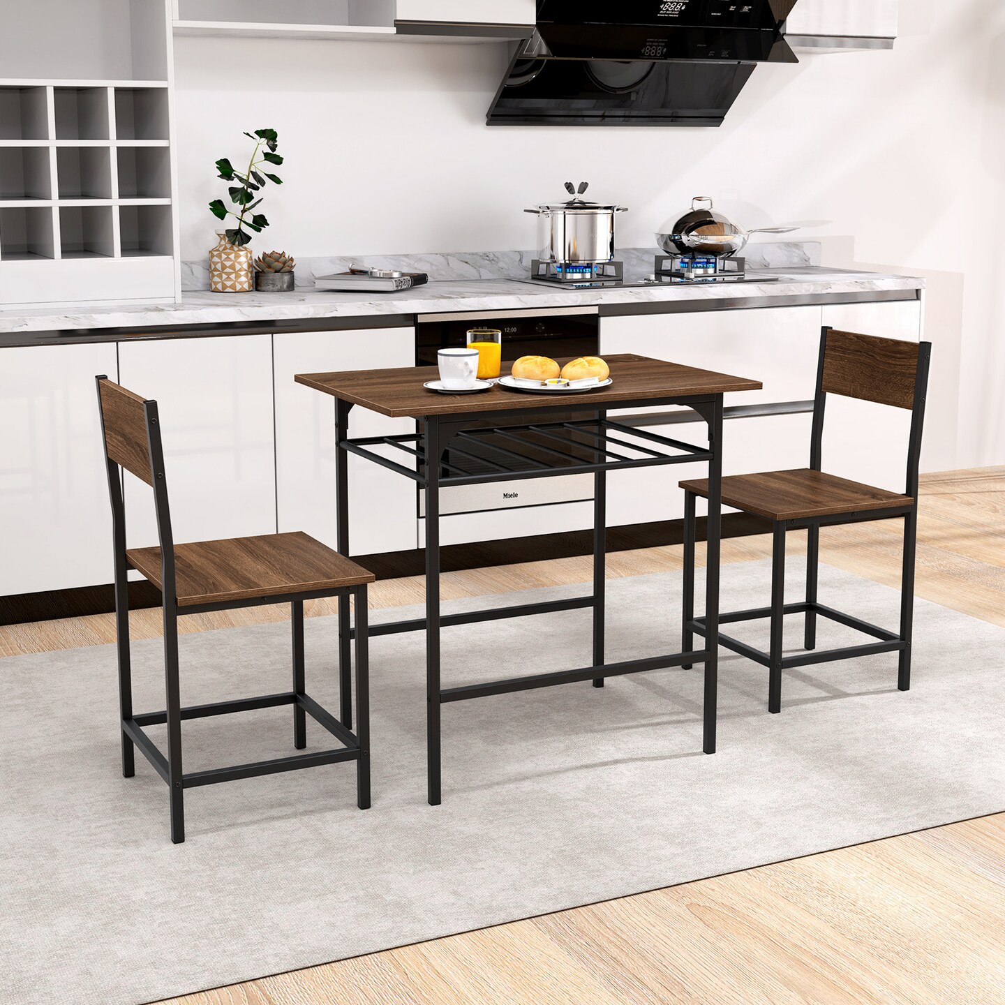 Black Metal Dining Table Set with Storage Rack and Sturdy Frame