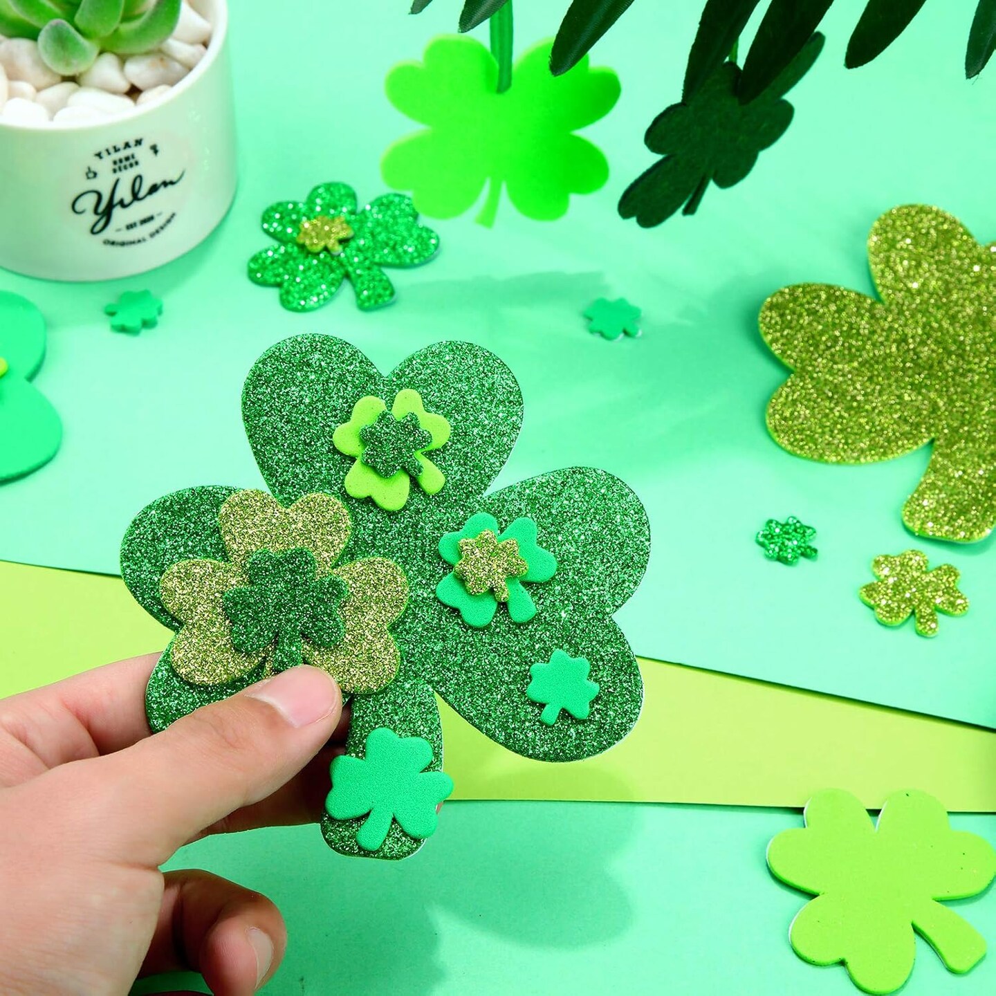 224 Pieces St. Patrick&#x27;s Day Craft Supplies Glitter Foam Shamrock Stickers Self-Adhesive Green Lucky Irish Decals