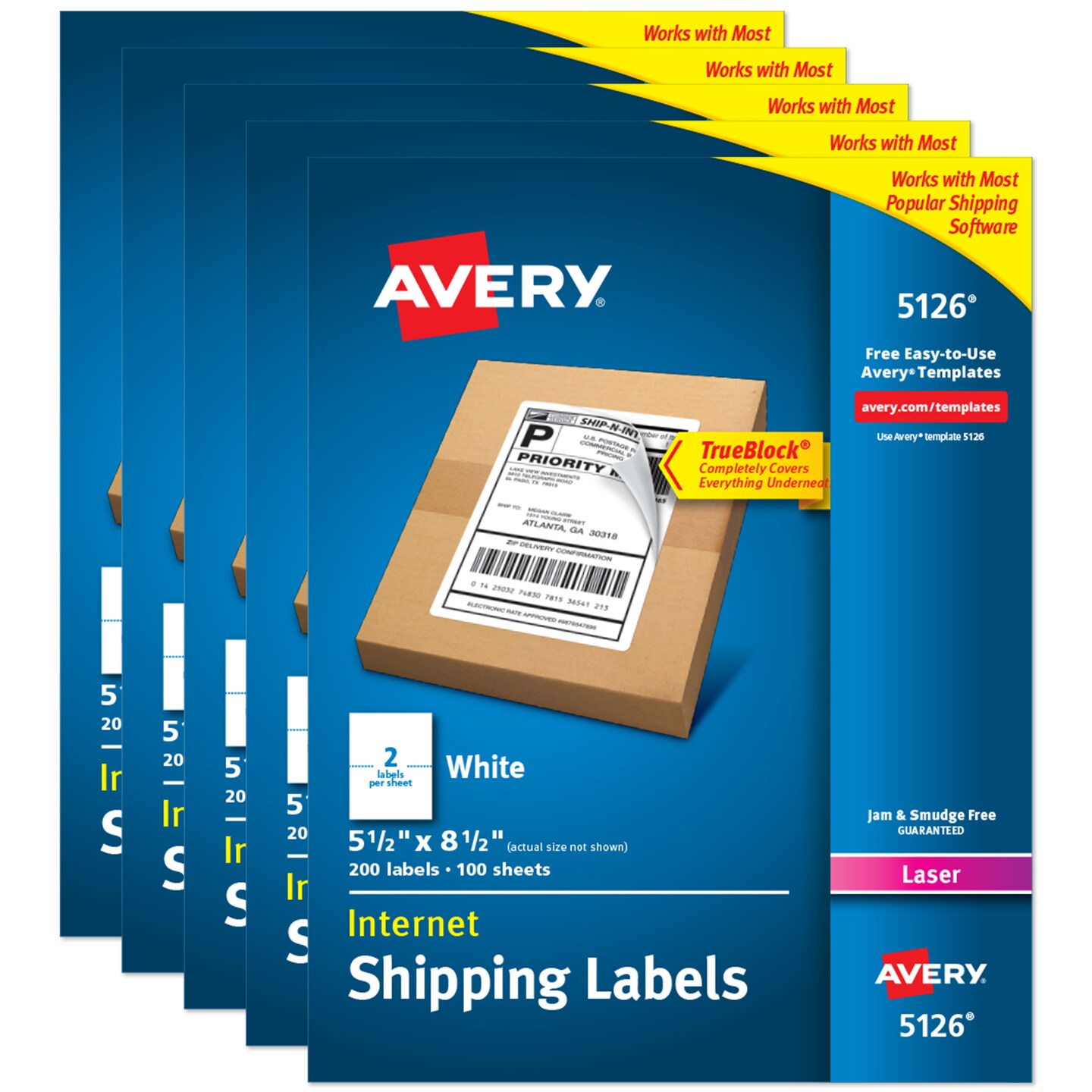 Avery Half-Sheet Printable Shipping Labels, 5.5" x 8.5" Customizable Stickers, White, 200 Blank Mailing Labels, Great for Mailing, Shipping, Organizing, and More (5126) - 5 Pack