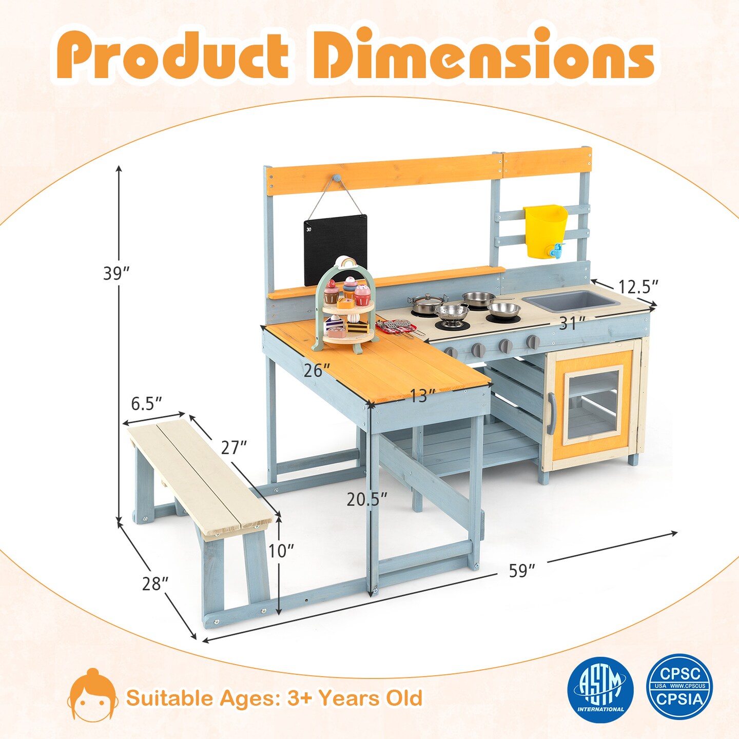 Natural Fir Wood Play Kitchen with Kids Picnic Table and Built-in Bench for Outdoor Fun