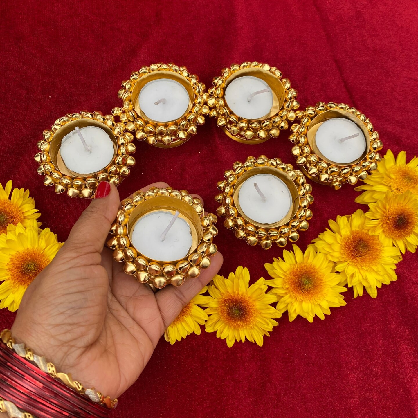 Candle Holder 4 Pieces Tealight Candle Holder Stand Ghungroo Diwali Diya Holders for Indian Festival Decorations Lighting Accessories Navratri Wedding Pooja Home New Year Boho Decor