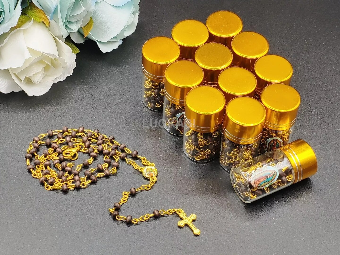 12 Black Beads Rosary Crucifix Cross in Glass Bottle Beaded Baptism Christiening