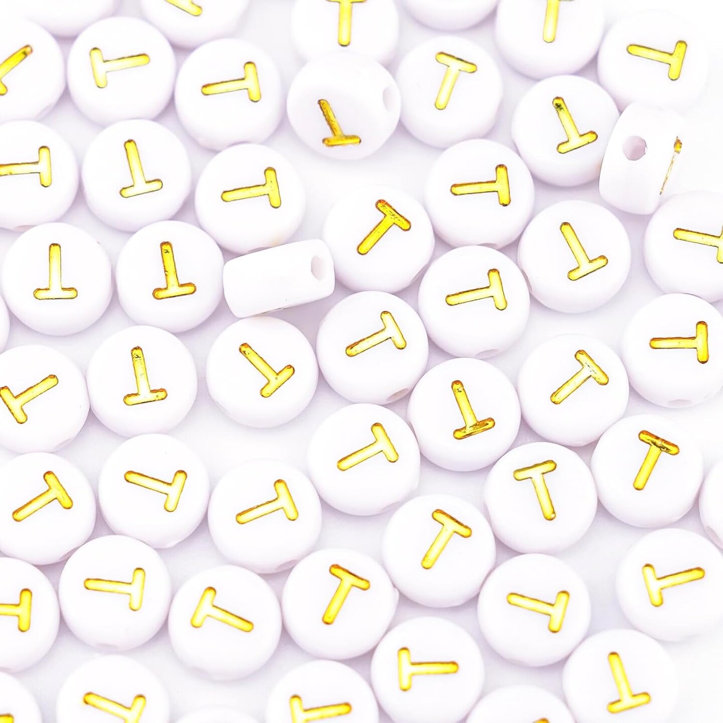 300Pcs Gold Letter Beads T 4X7mm Individual Round Alphabet Beads for Friendship Bracelets Making