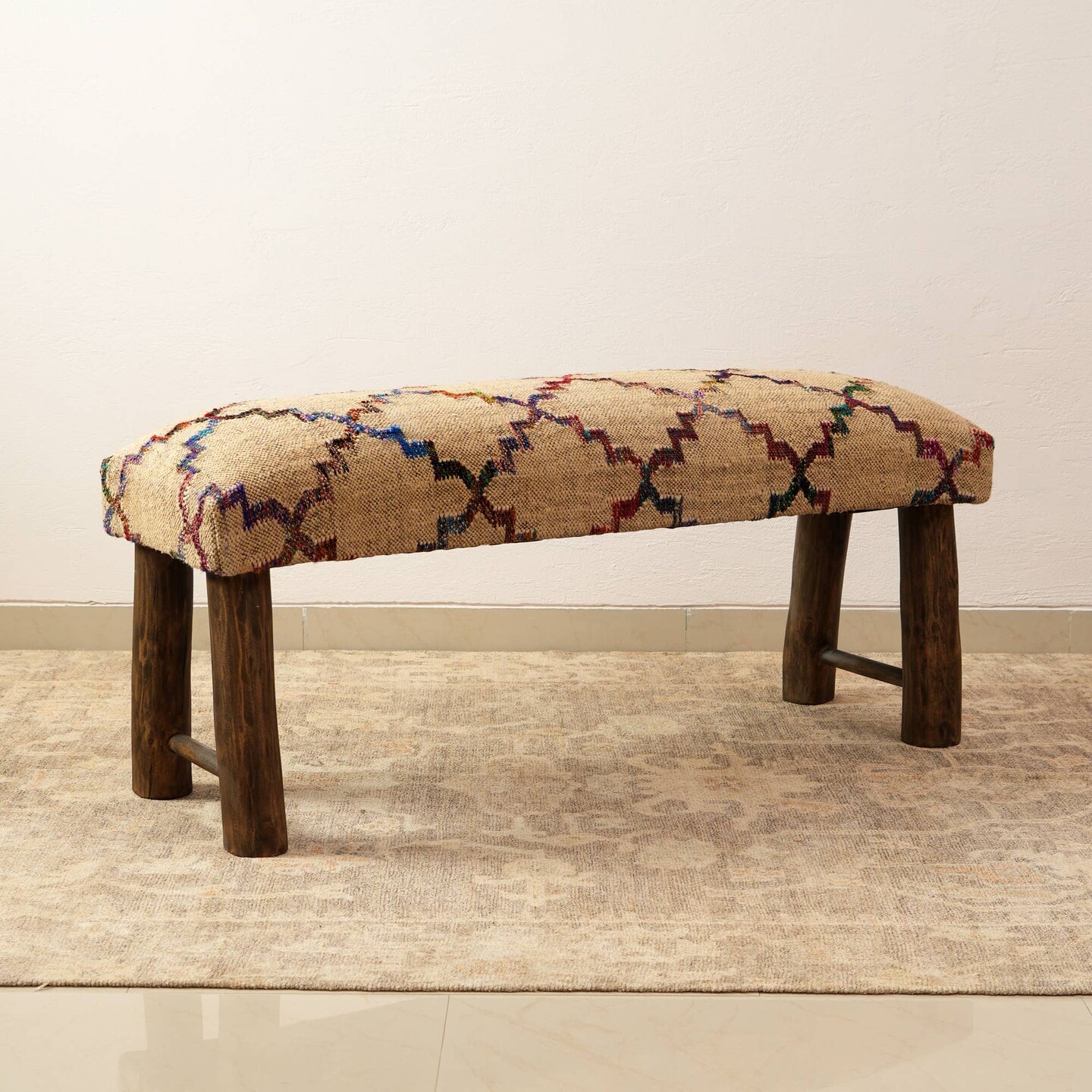 Decorative Jute Fabric Upholstered Multicolor Bench - 45 X 14 X 18&#x22;