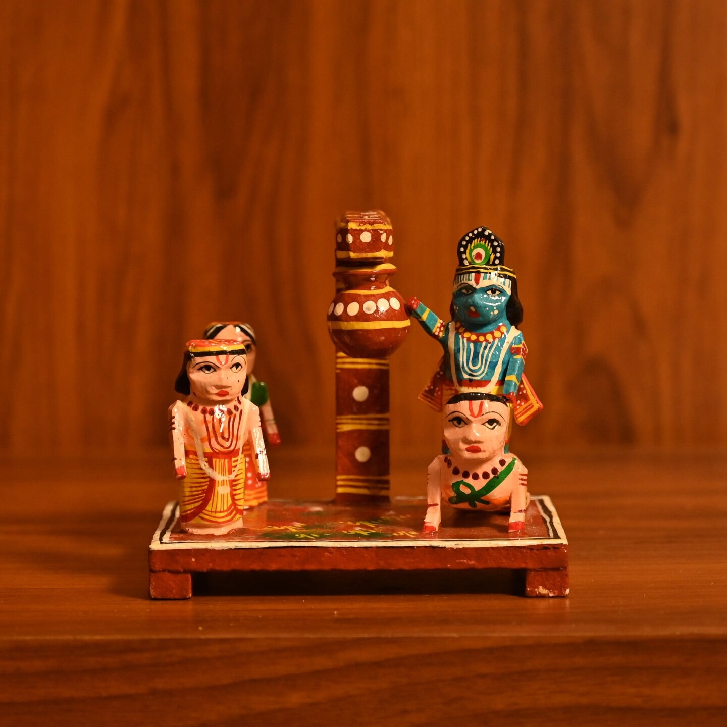Wooden Krishna Makhan Chor Leela for Janmashtmi Golu Decoration Handpainted Kondapalli Krishna Set Show-piece for Home Temple Shelf Display Table Decor Gifting Item