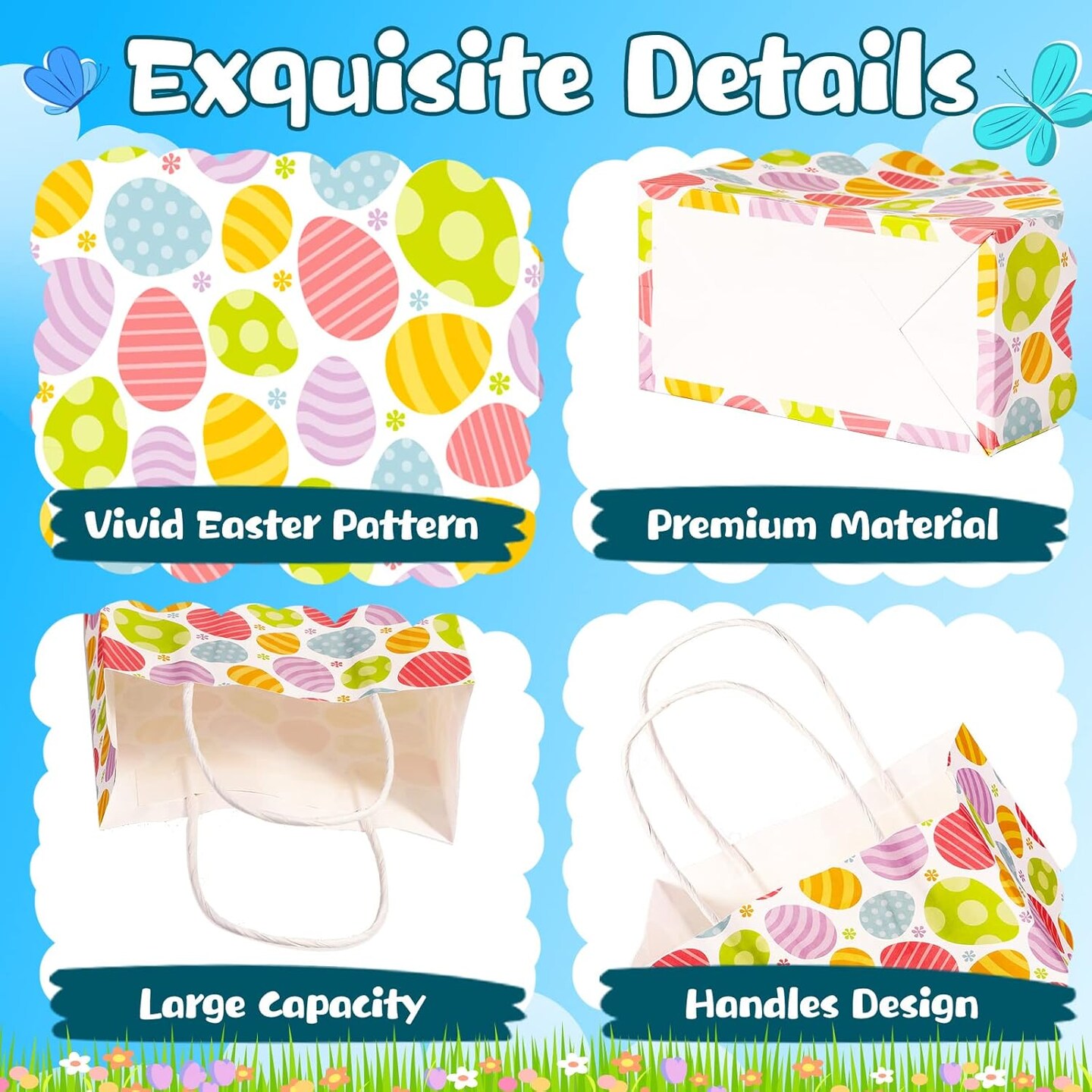 24 Pieces Easter Gift Bags Bulk, Easter Party Bags Supplies, Easter Paper Bags with Handles, Bunny Paper Cookie Candy Treat Goodie Bags for Easter Kids Boys Girls Birthday Party Favors Gift Wrapping