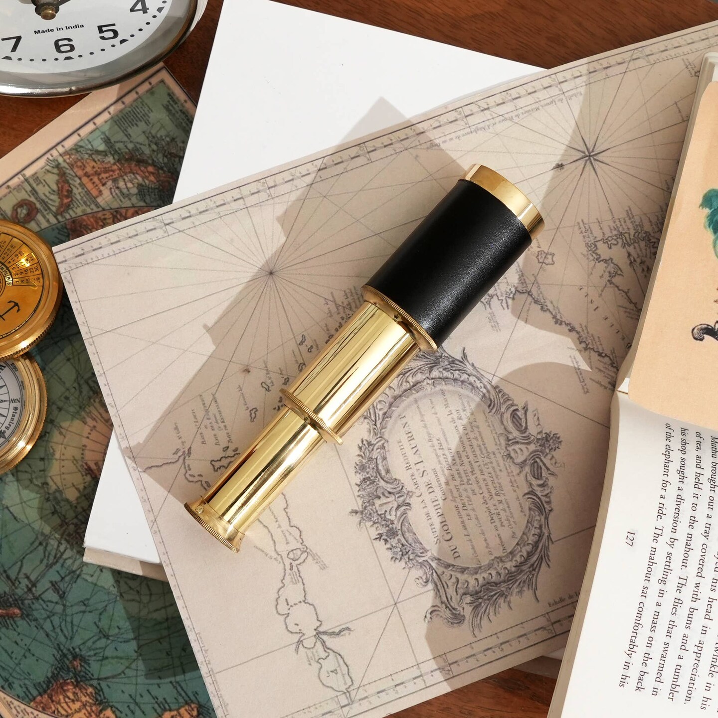 Brass handheld Collapsible Telescope with Wooden Box-6&#x22;