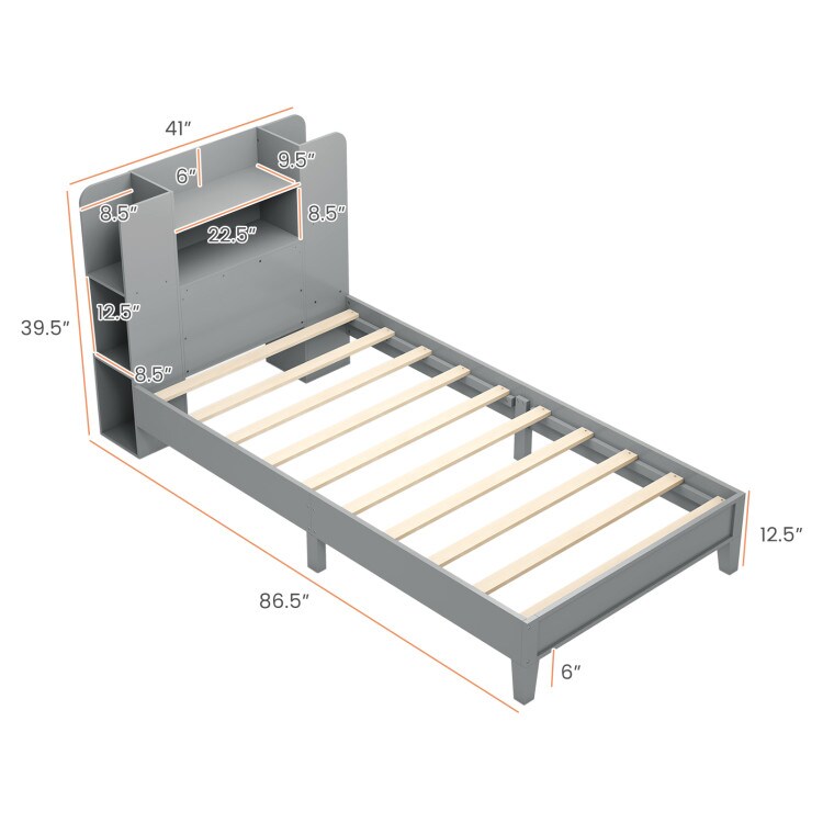 Wooden Twin Bed Frame with Bookcase Headboard Storage Shelves and Under-bed Space