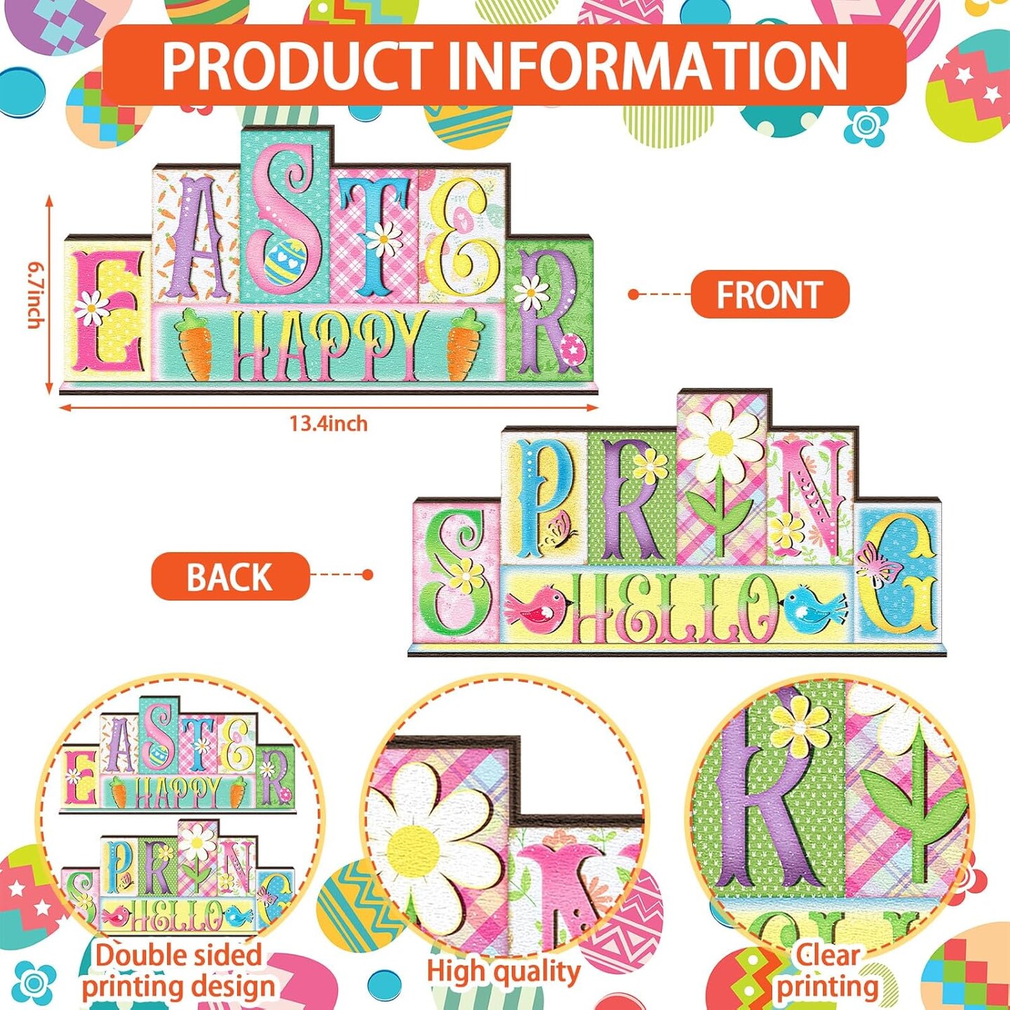 Easter Decorations Pastel Spring Table Decor Reversible Happy Easter Wooden Sign Farmhouse Hello Spring Tabletop Centerpiece for Home Tiered Tray Shelf Office Desk Mantel Rustic Decor