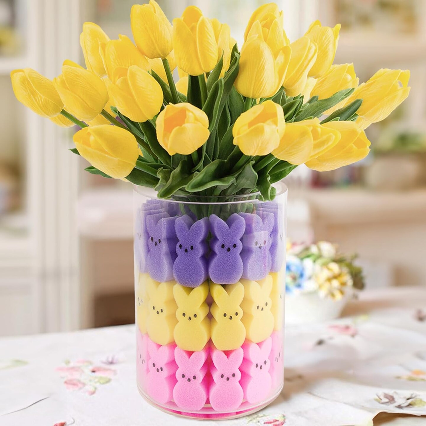 Easter Decorations - Easter Peeps Decor - 15 Artificial Tulips with 45 Bunnies Vase Filler Set