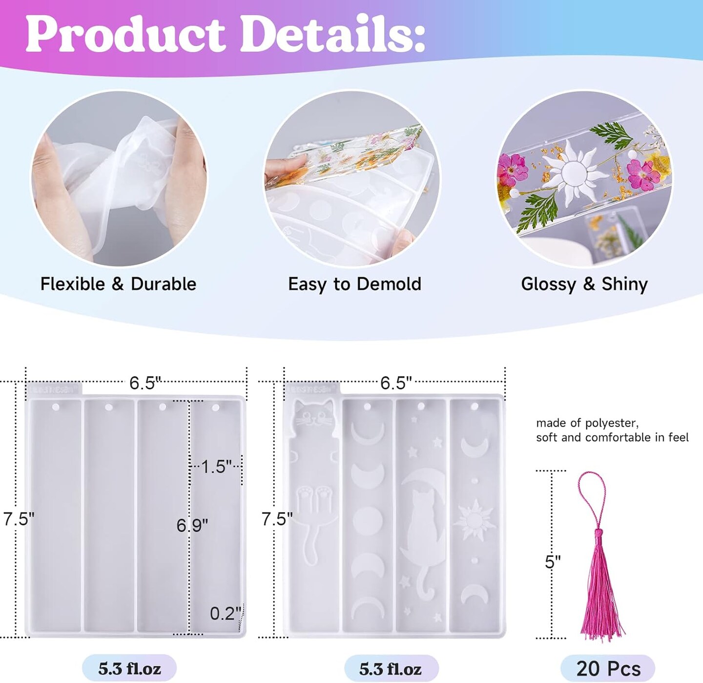 LET&#x27;S RESIN Bookmark Resin Molds Silicone 1.5&#x27;&#x27; Wide, Blank and Cat Moon Pattern Silicone Bookmark Molds Kit with 20pcs Tassels, Rectangle Bookmark Molds for Epoxy Resin Casting Crafts