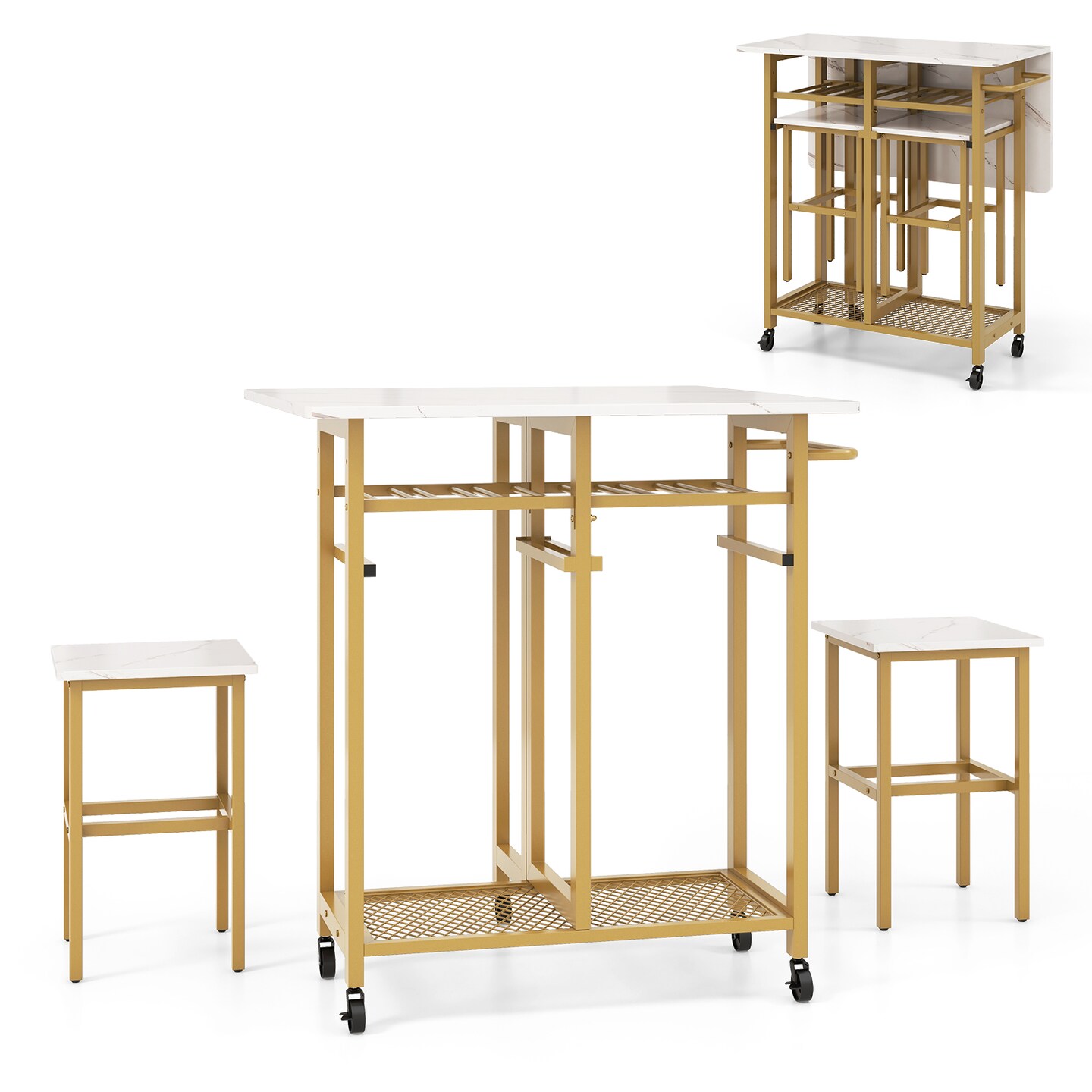 Engineered Wood Metal Dining Table Set with Extendable Top Wine Rack and Space-Saving Stools
