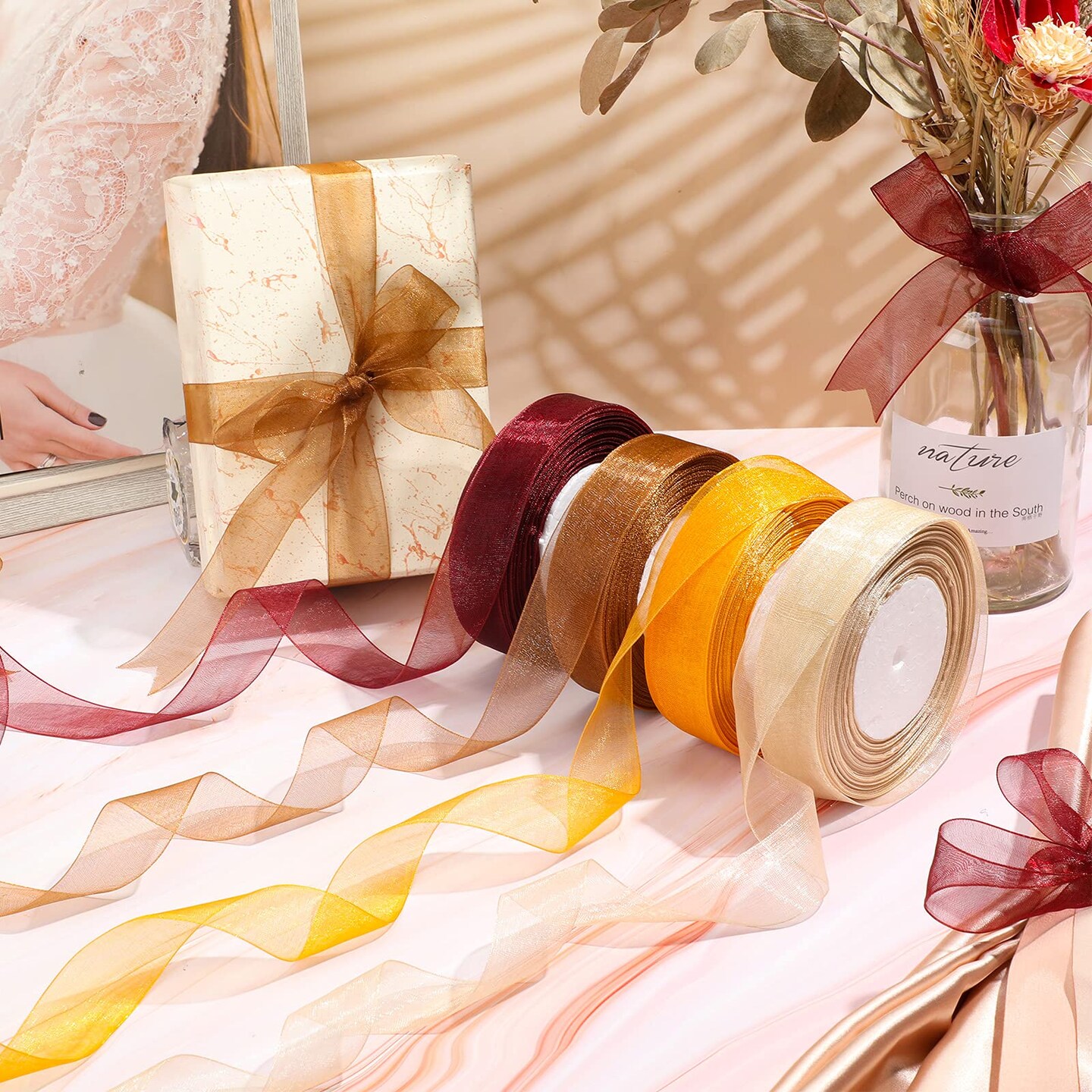 4 Rolls Fall Sheer Chiffon Ribbon 200 Yards Autumn Pure Color Fabric Polyester Wrapping Ribbon Transparent Organza Gift Wrapping for Thanksgiving Presents Party Decor(1&#x27;&#x27; Wide)