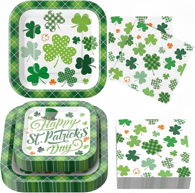 St Patricks Day Plates and Napkins Set 25 PCS 9&#x22; Square St Patricks Day Paper Plates and 25 PCS 7&#x22; St Patricks Dessert Plates for St Patricks Day Decorations