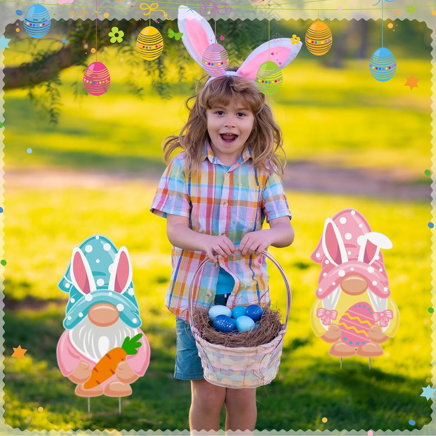 2 Pcs Easter Metal Decorations 16 Inch Yard Stakes Sign Metal Bunny Egg Gnome