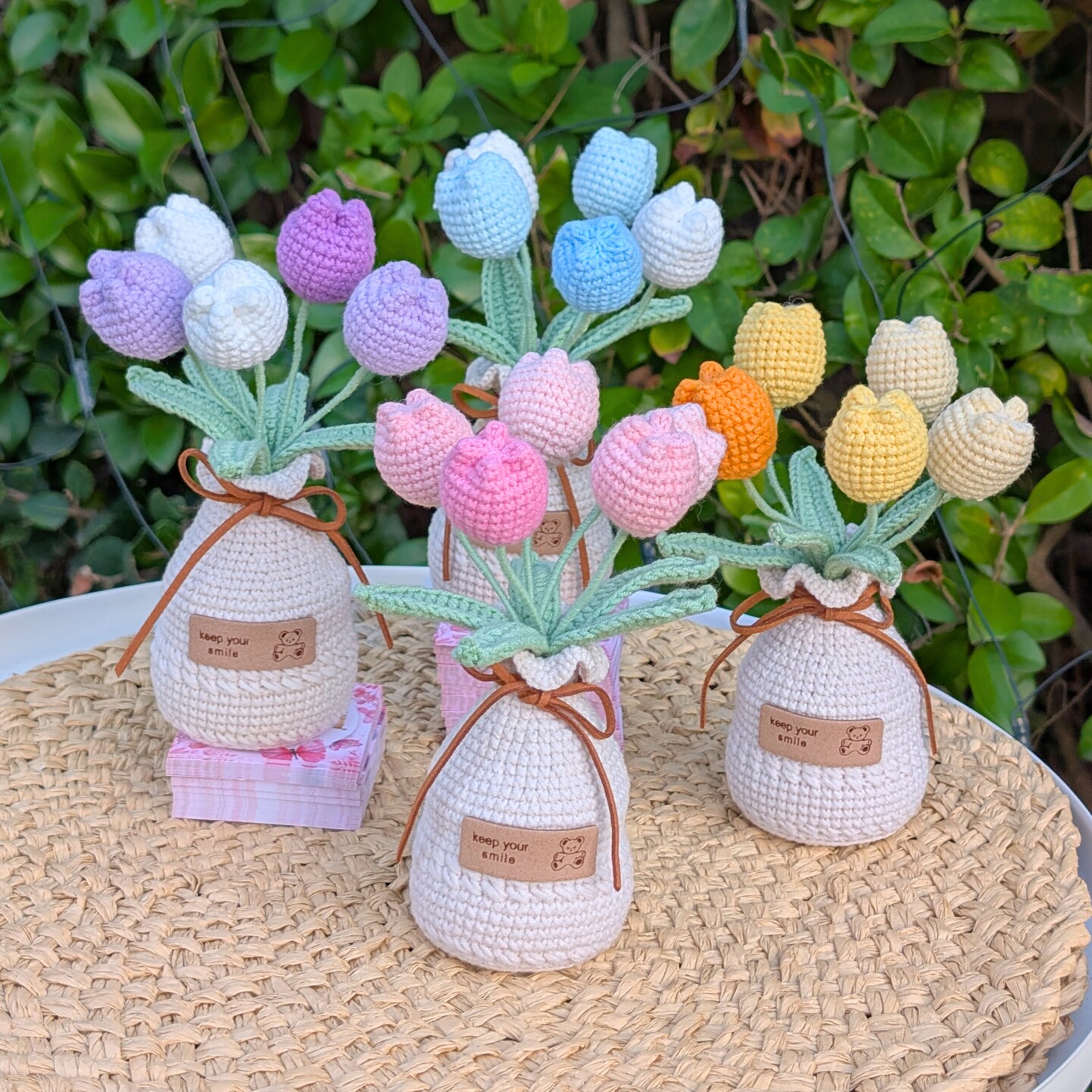 product name is Tulip Flower Crochet Pot | Handmade Knit Flowers | Cute Home Decor and Gift | Desk Decoration