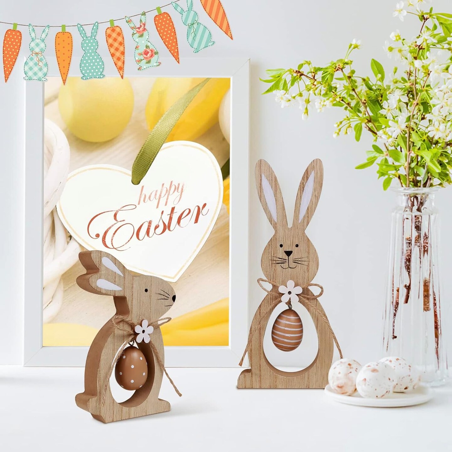 2Pcs Easter Decorations for the Home Farmhouse Rustic Wooden Bunny with Egg Easter