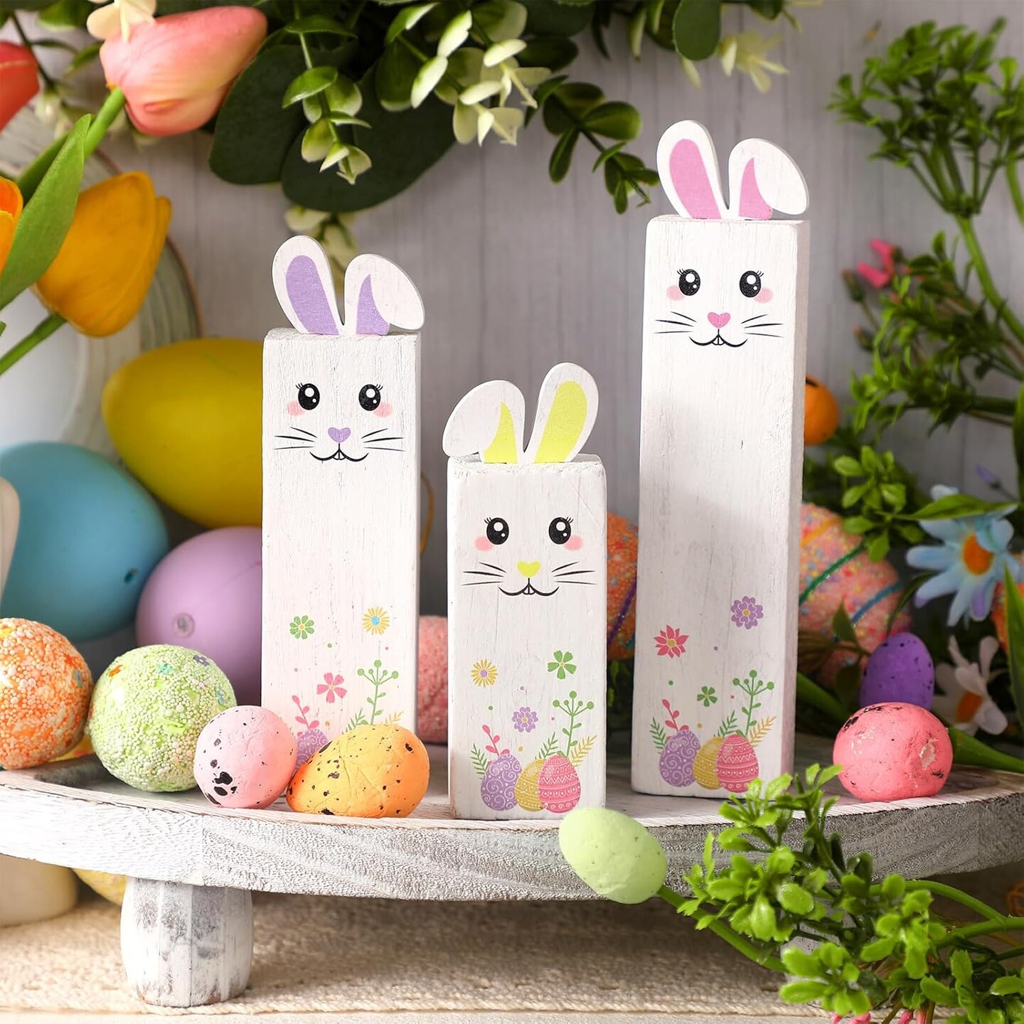 3 Pcs Spring Wooden Table Decor Easter Tiered Tray Decor Easter Bunny Tabletop