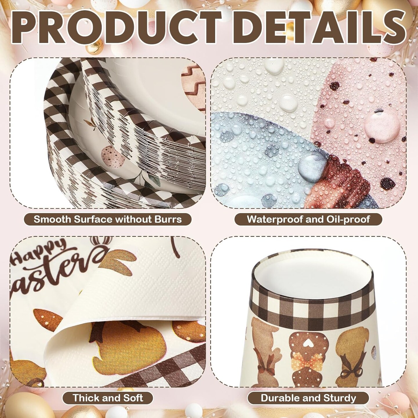 350 Pcs Easter Bunny Party Supplies Happy Easter Disposable Tableware Set Buffalo Plaids Eggs Oval Paper Plates Cups Napkins Fork Knife Spoon for Spring Party Table Decorations(Bunny)