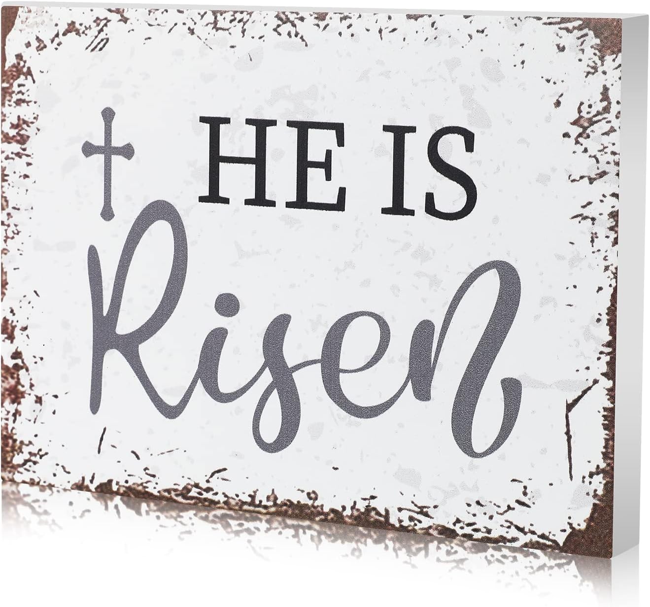 Easter He is Risen Wood Block Sign 5 x 7 Inches Christian Desk Decor Bible Verse Wooden Sign Cross Rustic Religious Tabletop Signs for Home Farmhouse Table Shelf Kitchen Decorations(White Style)