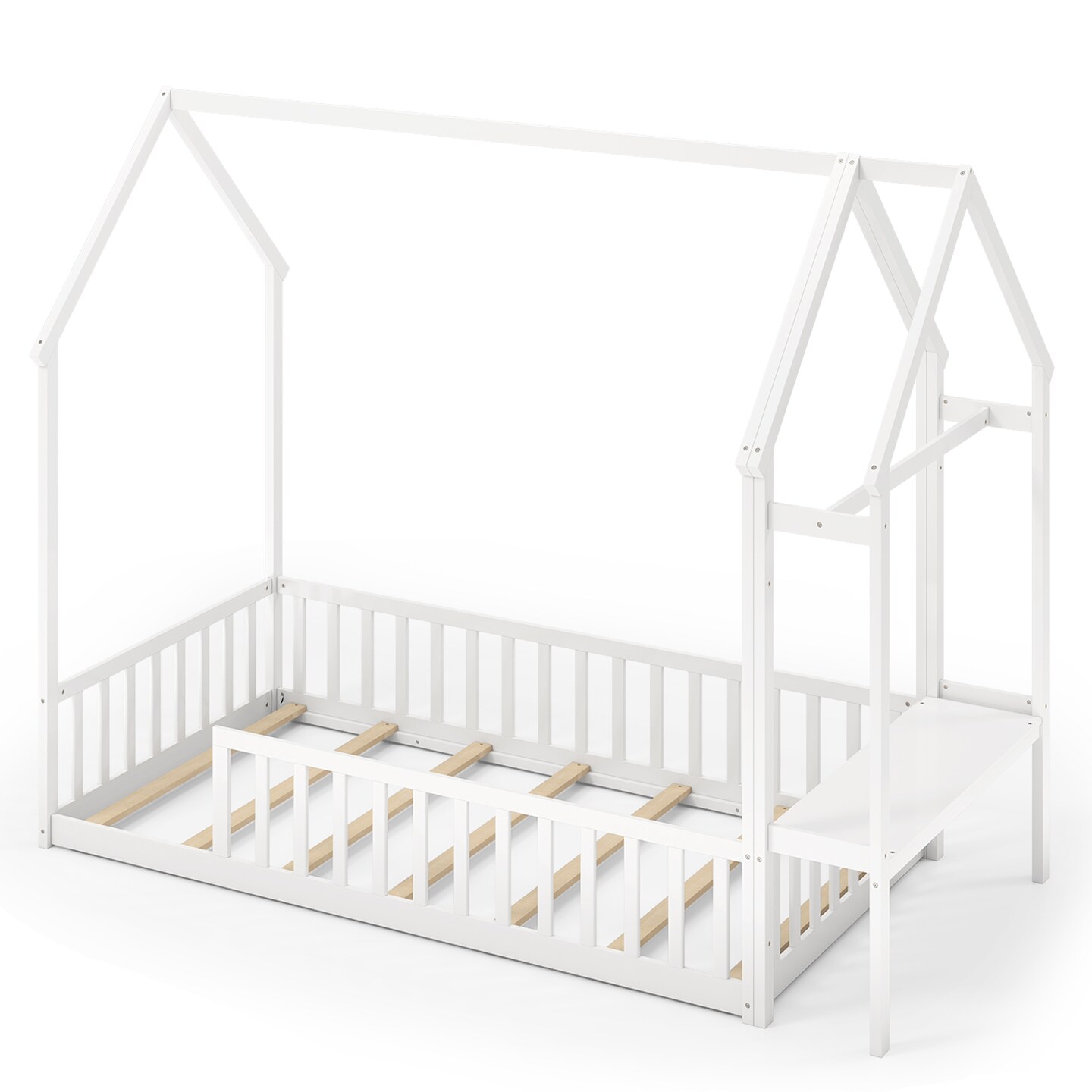 Twin House Floor Bed Montessori Bed Frame with Storage Shelf-White