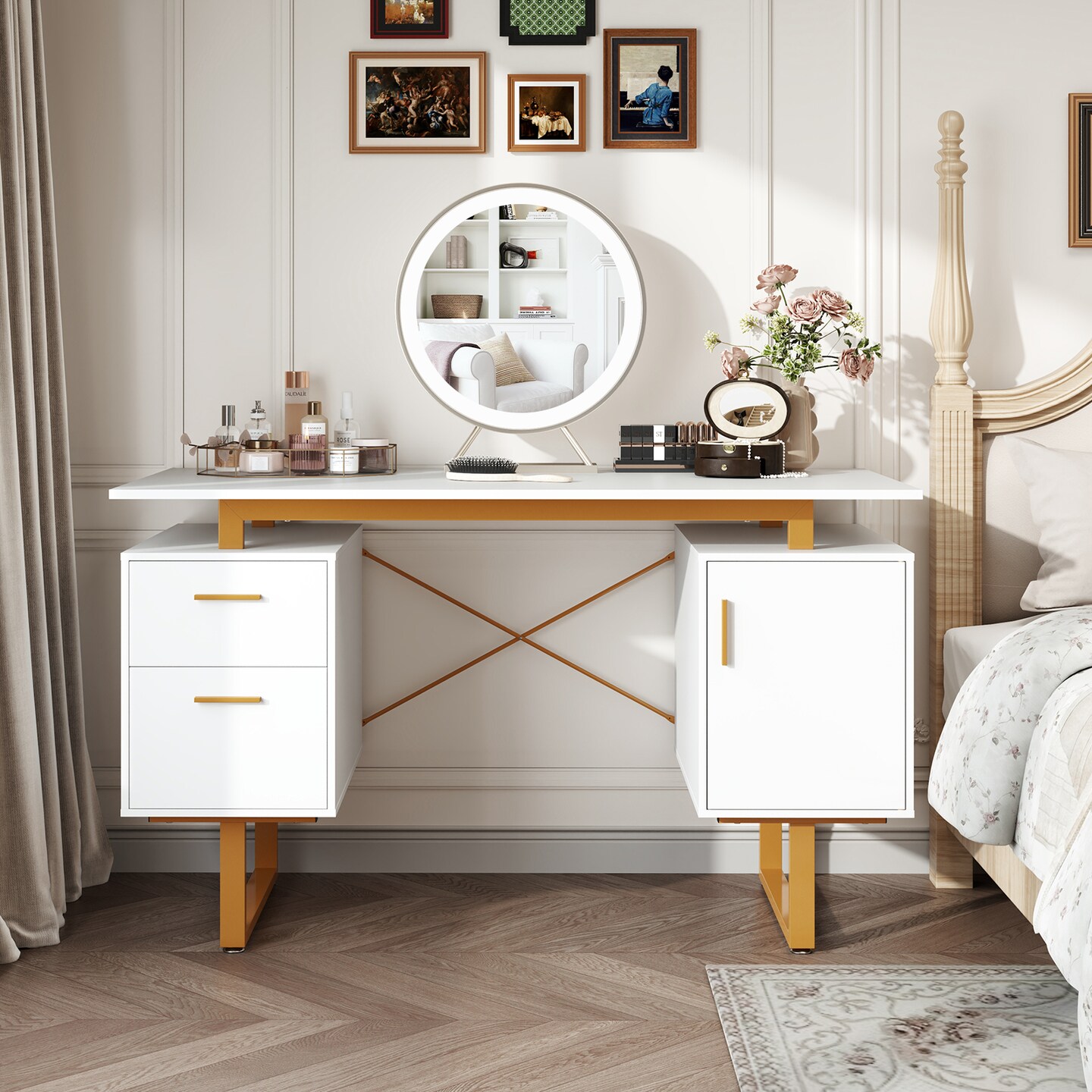 White 51 Inch Dual Drawer Computer Desk with Floating Desktop and X-Shaped Metal Frame