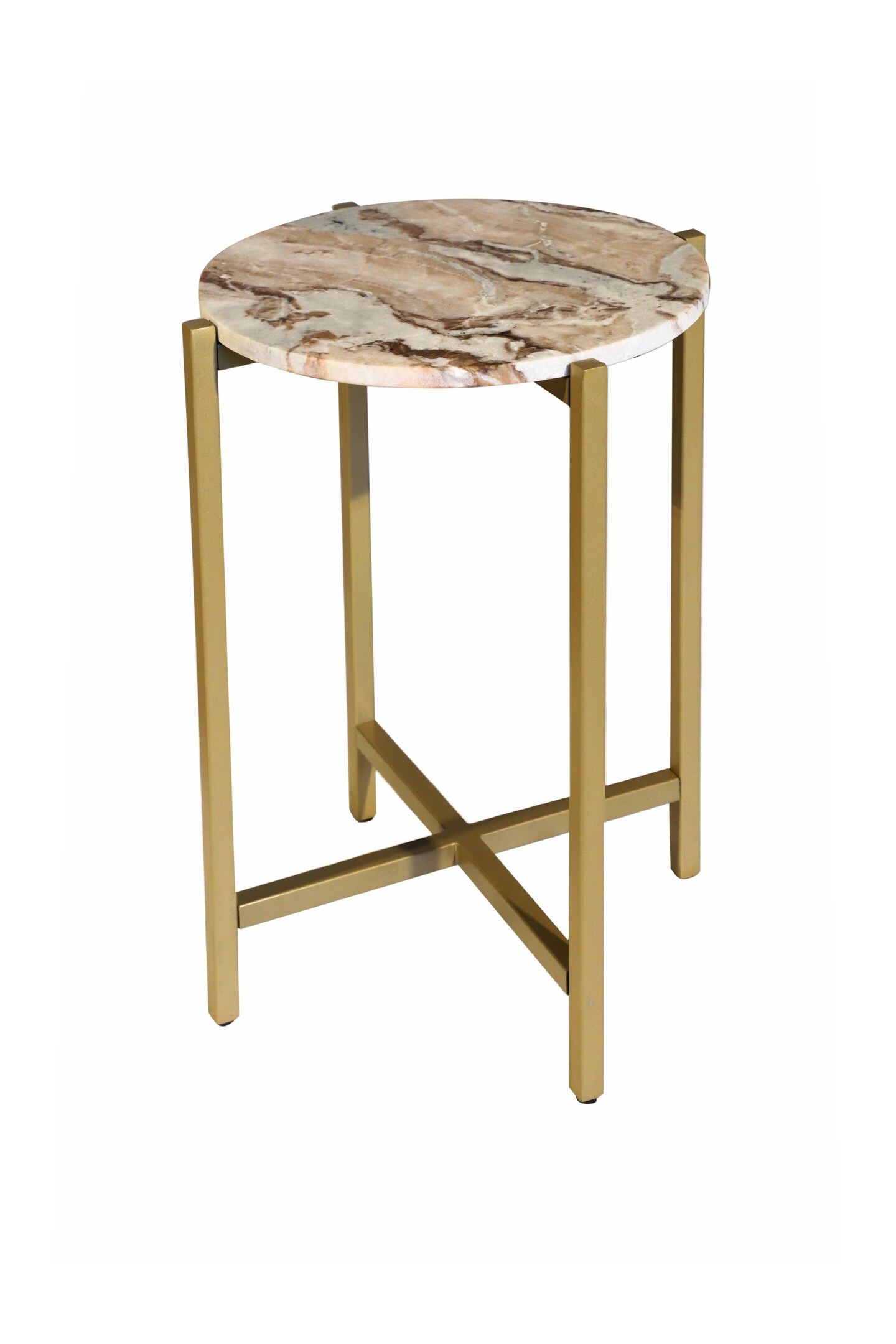 Brown Marble Side Table With Golden Metal Frame-21&#x27;&#x27;Height