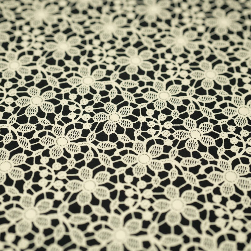 Ivory Flower Lace Pattern on Black Printed Spandex Fabric