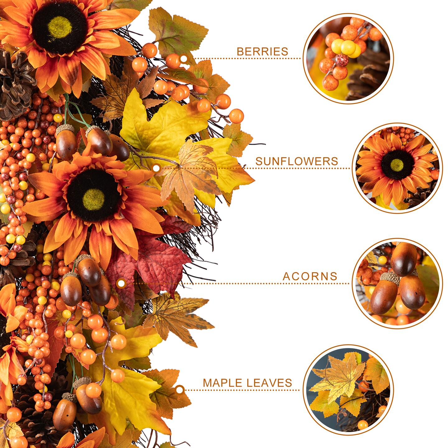 Set of 2 27&#x22;H Fall Sunflower, Maple Leaf and Berry Teardrop Swag